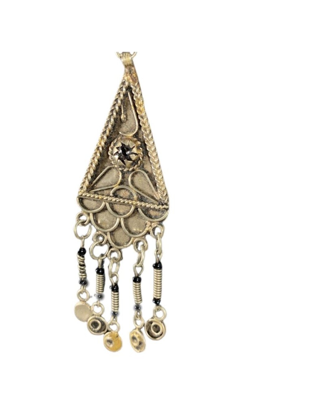 Vtg Silver Tone Triangle Pendant Black Bead Necklace Artisan Handmade Jewelry